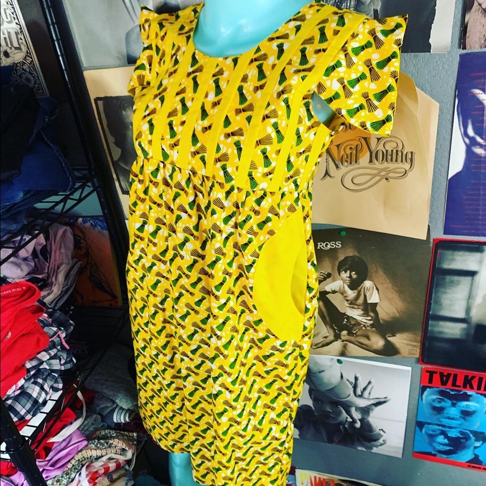 🌼 Vintage 1960’s Boho Cotton Dress with Pockets YELLOW COTTON